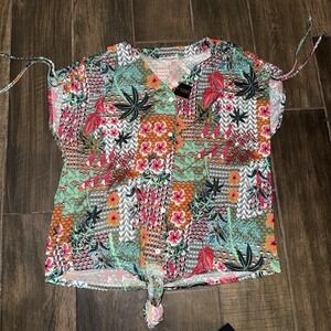 Sabrina Lauren NY Blouse Sz M Tropical Floral Ruffle Boho Peasant Tunic Top NWT